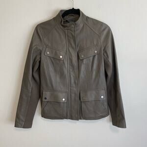 Vince Women's Leather Jacket Cargo Moto Biker Full Zip Stretch Brown Taupe Small